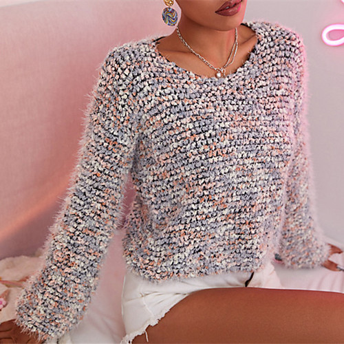 

Women's Casual Multi Color Pullover Sweater Sweater Cardigans Round Neck Fall Spring Gray