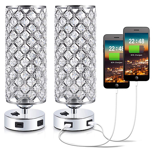 

Crystal Desk Lamp with Dual USB Charging Port Base Switch Bedside Lamp Bedside Lamp Silver E27 E26 EU/US Plug AC85-265V