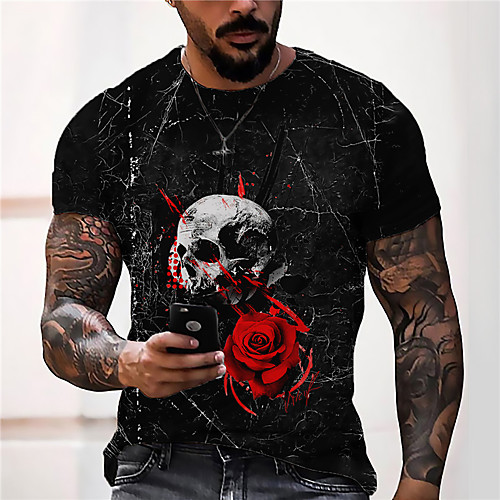 

Men's Unisex Tee T shirt Shirt 3D Print Graphic Prints Skull Rose Print Short Sleeve Daily Tops Casual Designer Big and Tall Black