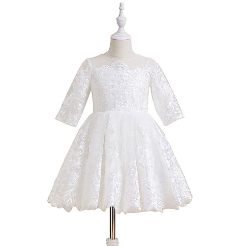 

A-Line Knee Length Flower Girl Dresses Party Tulle Long Sleeve Jewel Neck with Appliques