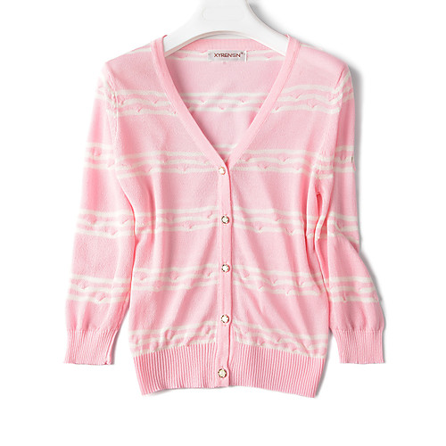 

Women's Stripes Cardigan Long Sleeve Sweater Cardigans V Neck Blushing Pink Sky Blue White