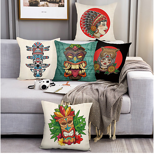 

African Tiki Double Side Cushion Cover 5PC Soft Decorative Square Throw Pillow Cover Cushion Case Pillowcase for Bedroom Livingroom Superior Quality Machine Washable Outdoor Cushion for Sofa Couch Bed Chair