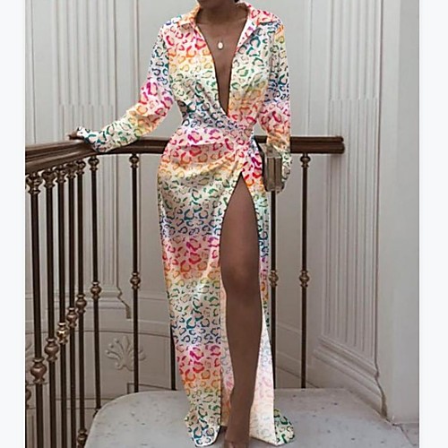 

Women's Shirt Dress Maxi long Dress Color leopard Butterfly on white Yellow Long Sleeve Butterfly Leopard Print Print Spring Summer Collar Sexy 2021 S M L XL XXL