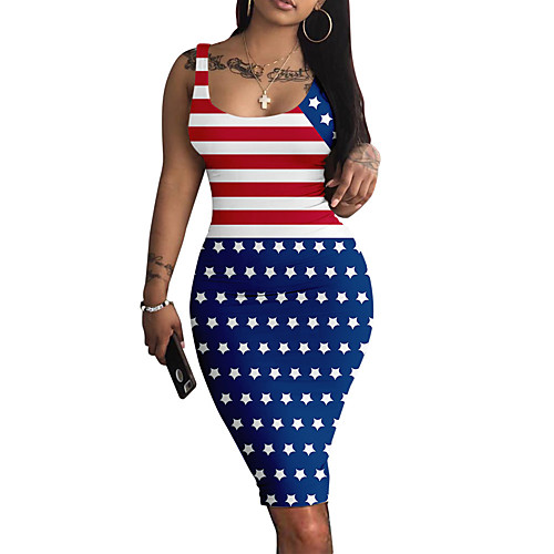

Women's Sheath Dress Knee Length Dress Blue Wine Light Red Fuchsia Gray Dusty Blue Royal Blue Rainbow White Red Sleeveless Striped Flag Print Summer Round Neck Casual 2021 XS S M L XL XXL 3XL 4XL 5XL