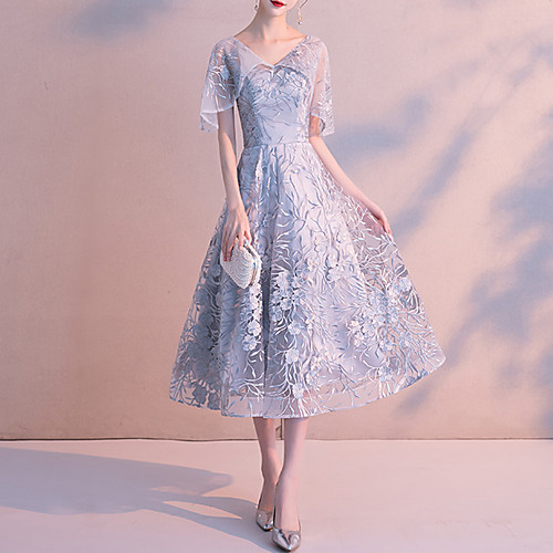

A-Line Elegant Floral Homecoming Cocktail Party Dress V Neck Half Sleeve Tea Length Lace Tulle with Embroidery Pattern / Print 2021