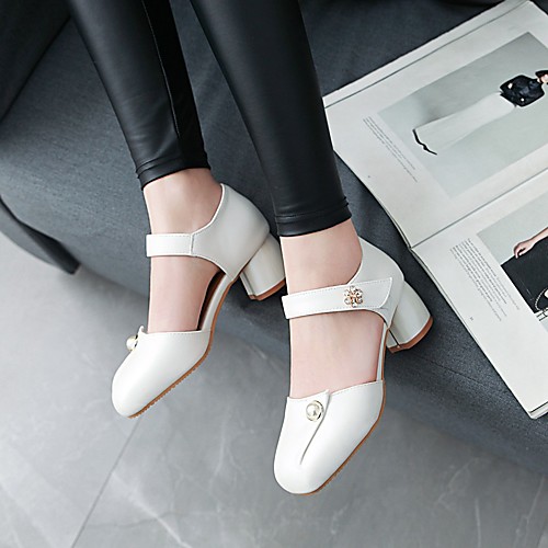 

Women's Heels Chunky Heel Square Toe PU Pearl Flower Solid Colored White