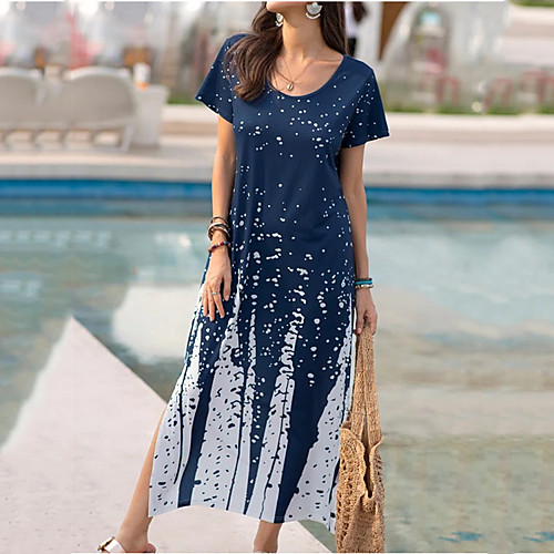 

Women's T Shirt Dress Tee Dress Maxi long Dress Blue Short Sleeve Polka Dot Color Gradient Split Printing Spring Summer Round Neck Ethnic Vintage Streetwear Holiday Retro S M L XL XXL / Beach