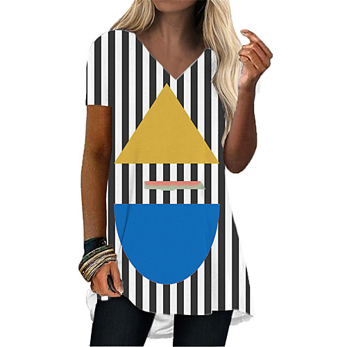 

Women's T Shirt Dress Tee Dress Short Mini Dress Blue Black Short Sleeve Striped Geometric Print Summer V Neck Casual 2021 S M L XL XXL 3XL