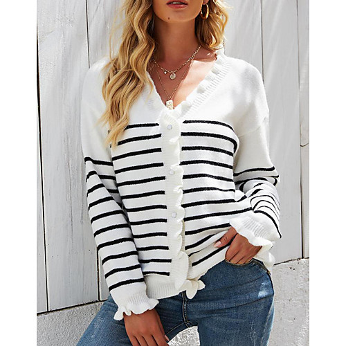 

Women's Casual Stripe Stripes Pullover Sweater Long Sleeve Sweater Cardigans V Neck Fall Spring Blushing Pink White