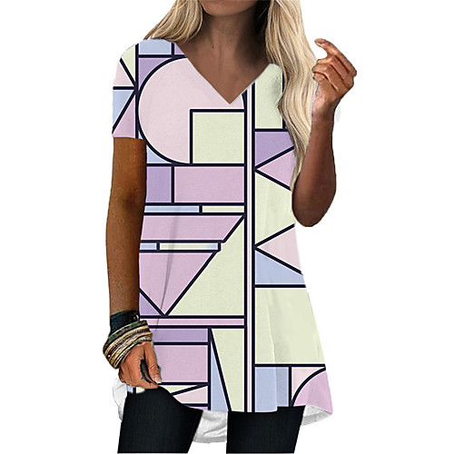 

Women's T Shirt Dress Tee Dress Short Mini Dress Purple Short Sleeve Color Block Geometric Print Summer V Neck Casual Holiday 2021 S M L XL XXL 3XL