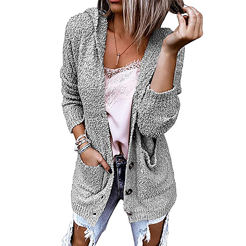 

Women's Basic Casual Classic Style Solid Color Cardigan Sweater Long Sleeve Sweater Cardigans Hooded Fall Winter Red Brown Grey White