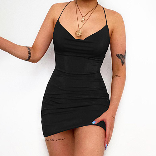 

Women's Sheath Dress Short Mini Dress Khaki Green Black Sleeveless Solid Color Backless Summer V Neck Casual Sexy 2021 S M L