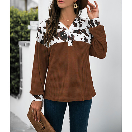 

Women's Casual Modern Style Plaid / Check Leopard Print Pullover Sweater Long Sleeve Sweater Cardigans V Neck Fall Winter Grey Coffee Coffee color Black
