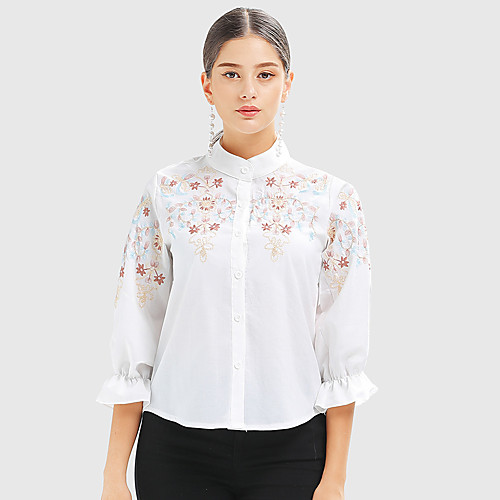 

Women's Floral Theme Blouse Shirt Floral Embroidered Button Standing Collar Basic Streetwear Tops White Navy Blue
