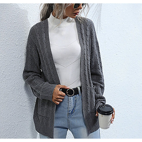 

Women's Stylish Braided Solid Color Cardigan Cotton Long Sleeve Sweater Cardigans V Neck Fall Winter Dark Gray