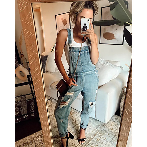 

Women's Jumpsuit Casual School Holiday Daily Wear 2021 Light Grey overall Solid Color Denim Denim Cotton