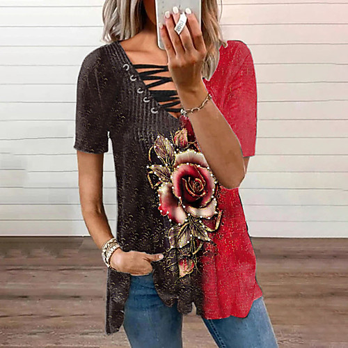 

Women's Floral Theme Butterfly 3D Printed Blouse Shirt Floral Butterfly 3D Drawstring Print V Neck Basic Streetwear Tops Purple Black Red