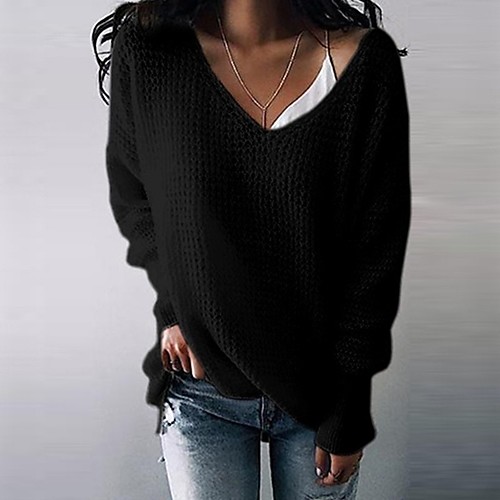 

Women's Knitted Solid Color Pullover Long Sleeve Sweater Cardigans V Neck Aubergine Yellow White