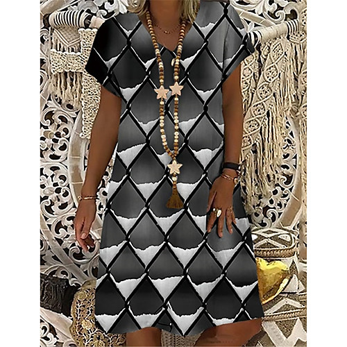 

Women's T Shirt Dress Tee Dress Knee Length Dress Black Short Sleeve Print Geometric Print Spring Summer V Neck Casual Holiday 2021 S M L XL XXL 3XL