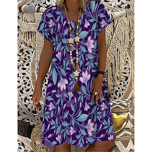 

Women's T Shirt Dress Tee Dress Knee Length Dress Purple Short Sleeve Floral Print Print Summer V Neck Casual 2021 S M L XL XXL 3XL