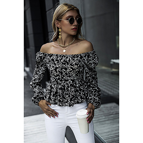 

Women's Floral Theme Blouse Shirt Floral Long Sleeve Print Off Shoulder Basic Streetwear Tops Black