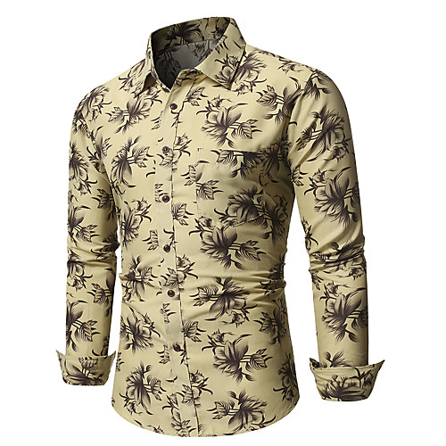 

Men's Shirt Lattice Long Sleeve Vacation Tops Streetwear Light Yellow Black