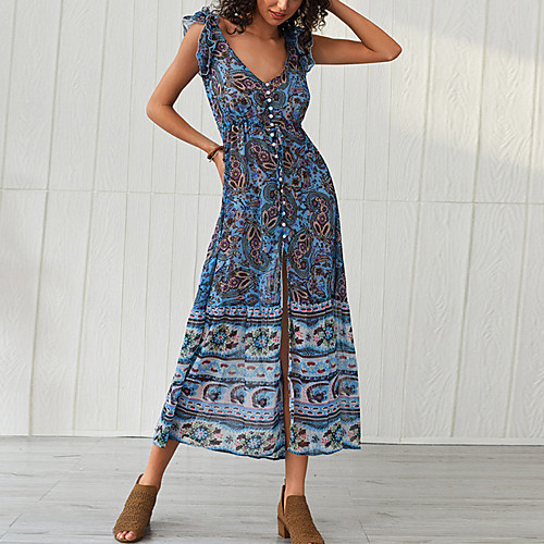 

Women's A Line Dress Maxi long Dress Light Blue Sleeveless Floral Backless Print Summer V Neck Casual Vintage 2021 S M L XL XXL