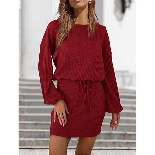 

Women's Shift Dress Short Mini Dress Maroon khaki Black Long Sleeve Solid Color Modern Style Fall Winter Round Neck Casual 2021 S M L XL