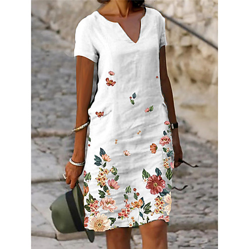 

Women's A Line Dress Knee Length Dress Gray Green White Short Sleeve Floral Summer V Neck Casual 2021 S M L XL XXL 3XL