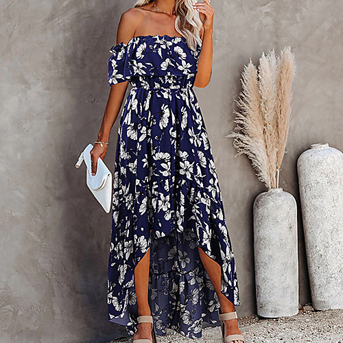 

Women's A Line Dress Maxi long Dress Light Green Beige Dark Blue Short Sleeve Floral Ruffle Print Fall Summer Off Shoulder Casual 2021 S M L XL XXL 3XL / Cotton