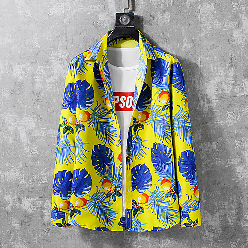 

Men's Shirt Other Prints Graphic Graphic Prints Plus Size Print Short Sleeve Casual Tops Chinoiserie Yellow Black / Long Sleeve