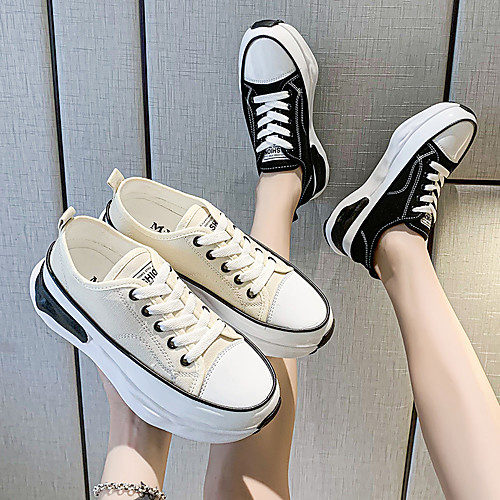 

Women's Sneakers Wedge Heel Round Toe Daily Outdoor Canvas PU Lace-up Check Black Beige