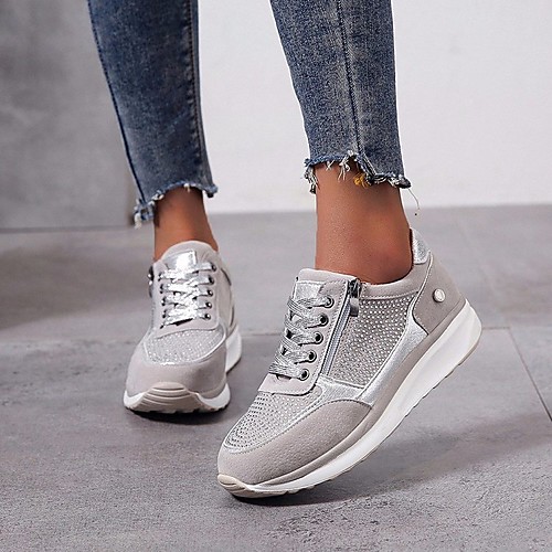 

Women's Trainers Athletic Shoes Flat Heel Round Toe PU Rhinestone Solid Colored Blue Gray Green