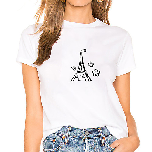 

Women's Painting T shirt Paris La Tour Eiffel Print Round Neck Basic Tops Cotton Blue White Black