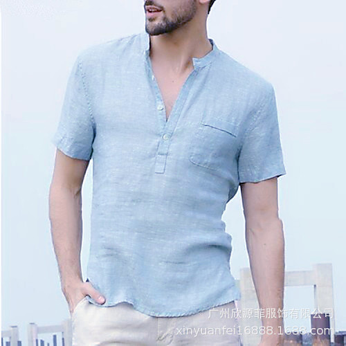 

Men's Shirt Solid Color Pocket Short Sleeve Street Tops Cotton Lightweight Casual / Daily Breathable Henley Light Blue Almond Green / Beach