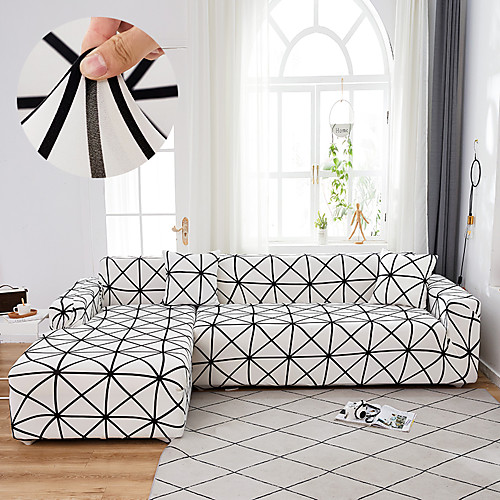 

White Check Sofa Cover 1-Piece Couch Cover Fit for 1-4 Seater L-shape Couch Soft Stretch Slipcover Spandex Jacquard Fabric Easy to Install(1 Free Cushion Cover)