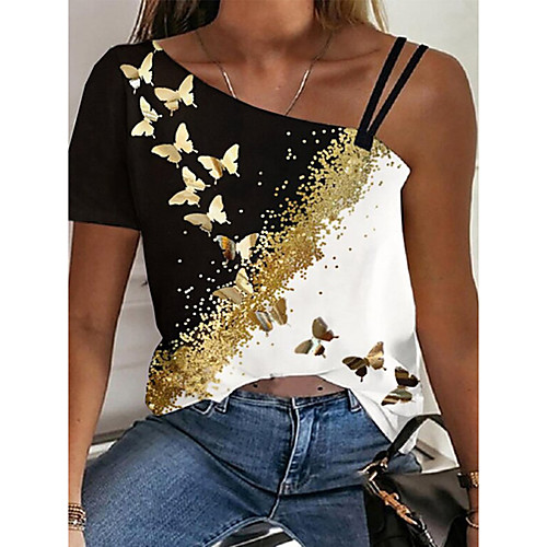 

Women's Butterfly T shirt Butterfly Cold Shoulder Diagonal Neck Basic Tops Yellow