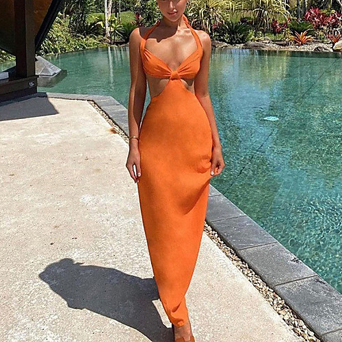 

Women's Sheath Dress Maxi long Dress Blue Green Orange Sleeveless Solid Color Backless Split Lace up Summer Halter Neck Elegant Sexy 2021 S M L