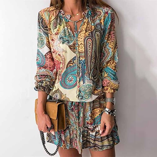 

Women's A Line Dress Short Mini Dress Blue Long Sleeve Abstract Ruffle Print Fall Summer Round Neck Casual 2021 S M L XL XXL 3XL