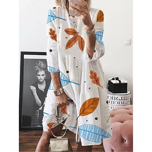 

Women's Loose Knee Length Dress Blue Purple Yellow White 3/4 Length Sleeve Print Plant Spring Summer Casual 2021 S M L XL XXL XXXL 4XL 5XL