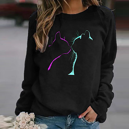 

Women's Cat Painting T shirt Cat Animal Long Sleeve Print Round Neck Basic Tops Gray Green Black
