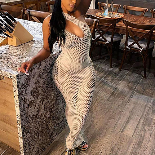 

Women's Sheath Dress Maxi long Dress Black Beige Sleeveless Solid Color Hollow To Waist Summer One Shoulder Sexy 2021 S M L