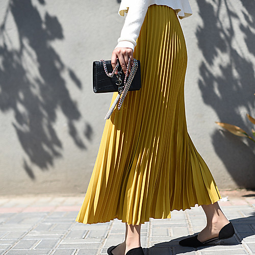 

Women's Casual / Daily Weekend Basic Streetwear Maxi Skirts Solid Colored Pleated Blue Yellow Blushing Pink