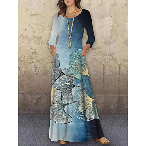 

Women's Shift Dress Maxi long Dress Blue 3/4 Length Sleeve Floral Print Print Spring Summer Round Neck Casual Holiday 2021 S M L XL XXL 3XL