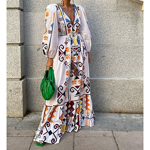 

Women's A Line Dress Maxi long Dress White Long Sleeve Print Spring & Fall Casual 2021 S M L XL