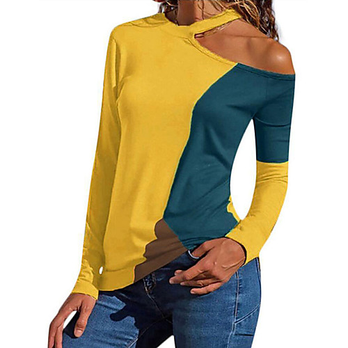 

Women's Painting T shirt Color Block Long Sleeve Cut Out Patchwork Round Neck Basic Tops Blue Yellow Gray