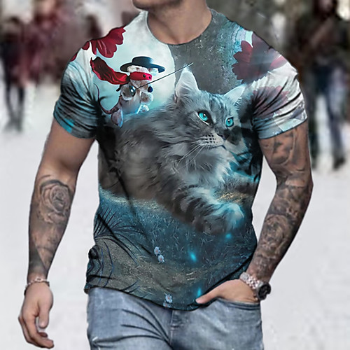

Men's Tee T shirt Shirt 3D Print Cat Graphic Prints Plus Size Short Sleeve Casual Tops Basic Designer Slim Fit Big and Tall Blue-Green