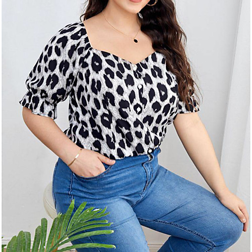 

Women's Plus Size Tops Blouse T shirt Leopard Other Prints Print Short Sleeve V Neck Basic Spring Summer Black Big Size L XL XXL 3XL 4XL