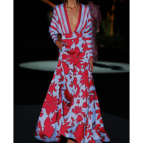

Women's Swing Dress Maxi long Dress Blushing Pink Long Sleeve Floral Striped Print Spring Summer V Neck Chic & Modern Elegant Casual vacation dresses Loose 2021 S M L XL XXL 3XL