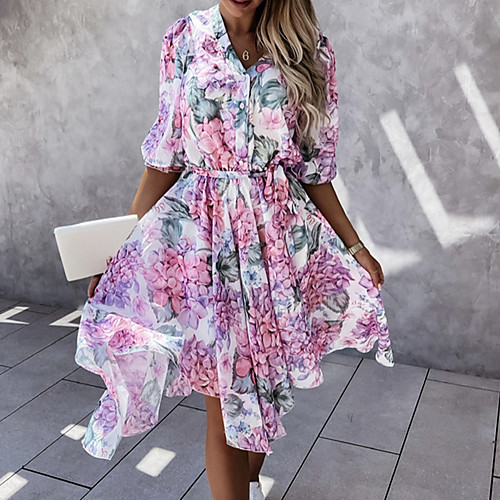 

Women's A Line Dress Knee Length Dress Blue Blushing Pink Red Half Sleeve Floral Print Summer V Neck Casual 2021 S M L XL XXL